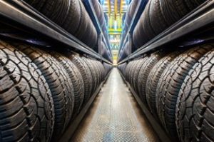 A stock of tires lined up a storage room near Indianapolis, Indiana.