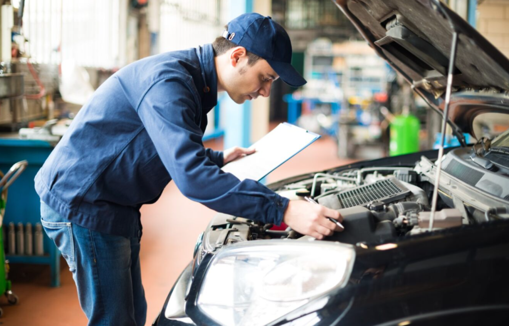 A service technician performing an engine inspection near Indianapolis, Indiana