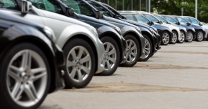 A lineup of new cars at a dealership near Indianapolis, Indiana.