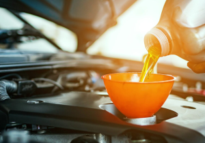 An oil change being performed at a service center near Indianapolis, Indiana