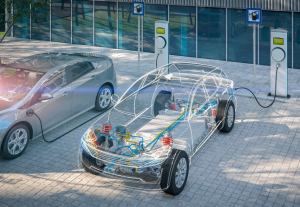 An illustration of a transparent vehicle being charged at an EV charging station near Indianapolis, Indiana