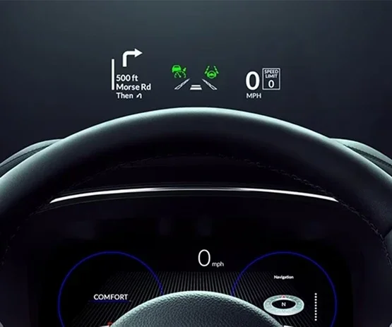 Acura head-up display projecting turn-by-turn navigation, driver-assistance icons and vehicle speed above the steering wheel